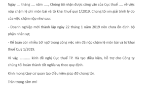 Mẫu công văn giải trình lý do chậm nộp tờ khai thuế GTGT và cam kết khắc phục.