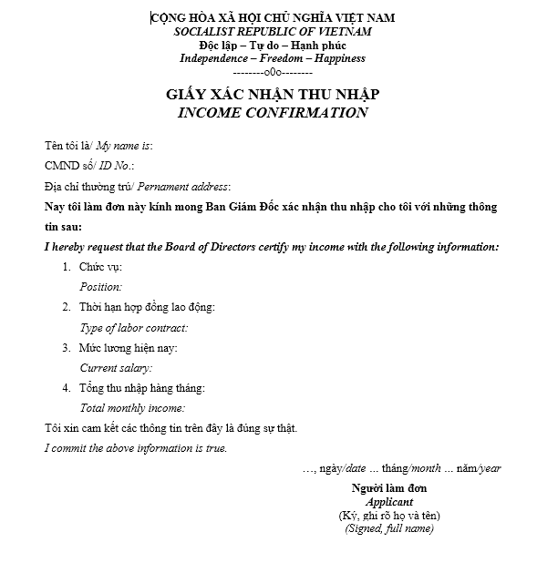 Mẫu xác nhận thu nhập song ngữ phục vụ hồ sơ quốc tế.