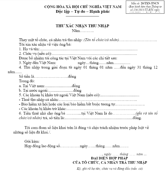 Mẫu xác nhận thu nhập tham khảo theo quy định của cơ quan Thuế.