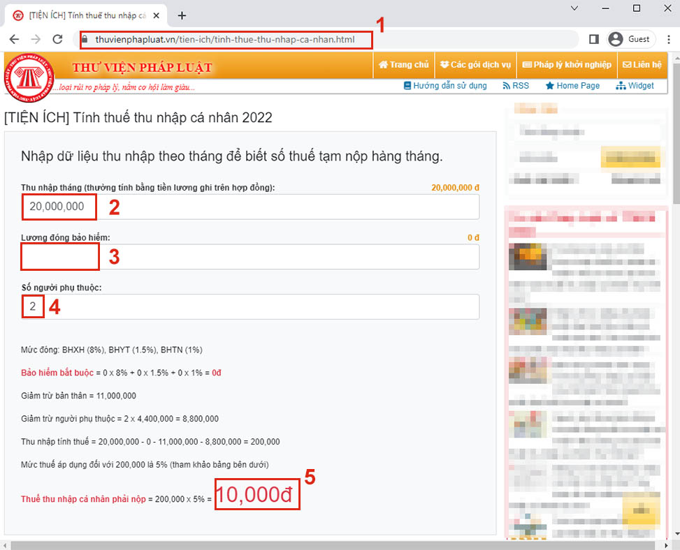 Cách tính thuế thuế thu nhập cá nhân online trên hệ thống của thuvienphatluat