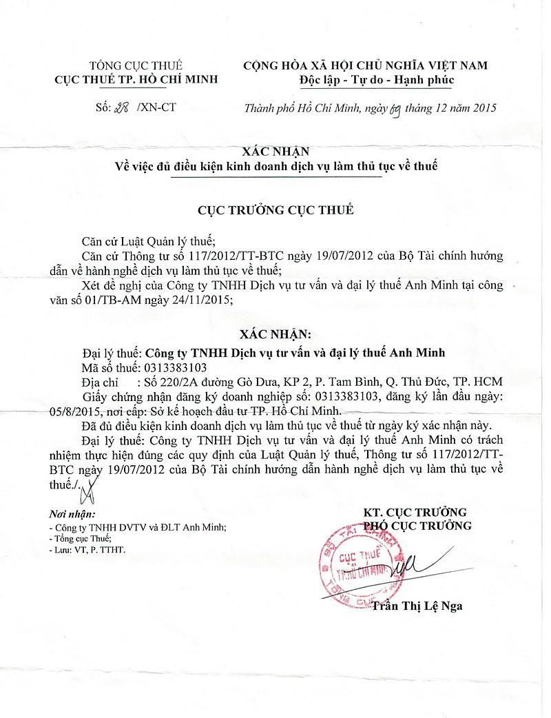 Giấy xác nhận đủ điều kiện kinh doanh dịch vụ làm thủ tục thuế